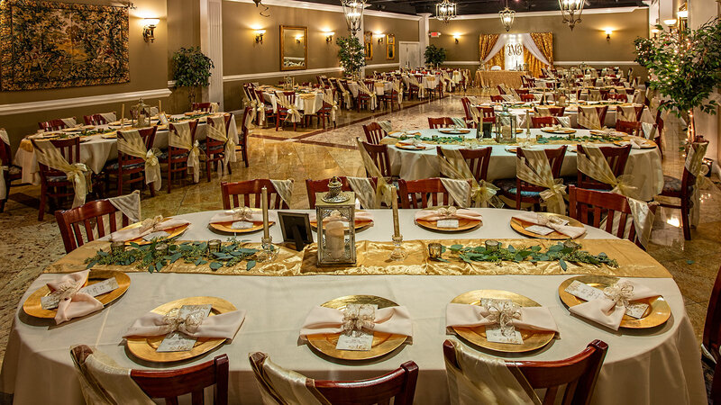 Banquet room with many set tables